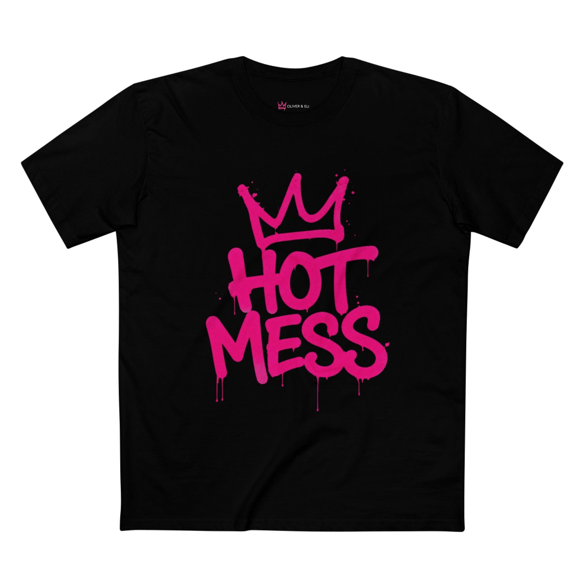 Hot Mess Energy graphic t-shirt with oversized pink graffiti lettering