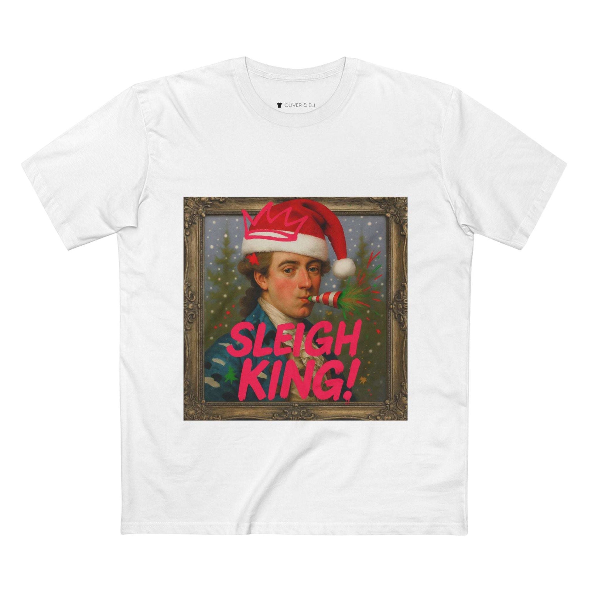 Sleigh King Christmas T-shirt with vintage male portrait in crown, Santa hat and graffiti party popper