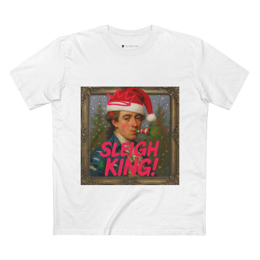 Sleigh King Christmas T-shirt with vintage male portrait in crown, Santa hat and graffiti party popper