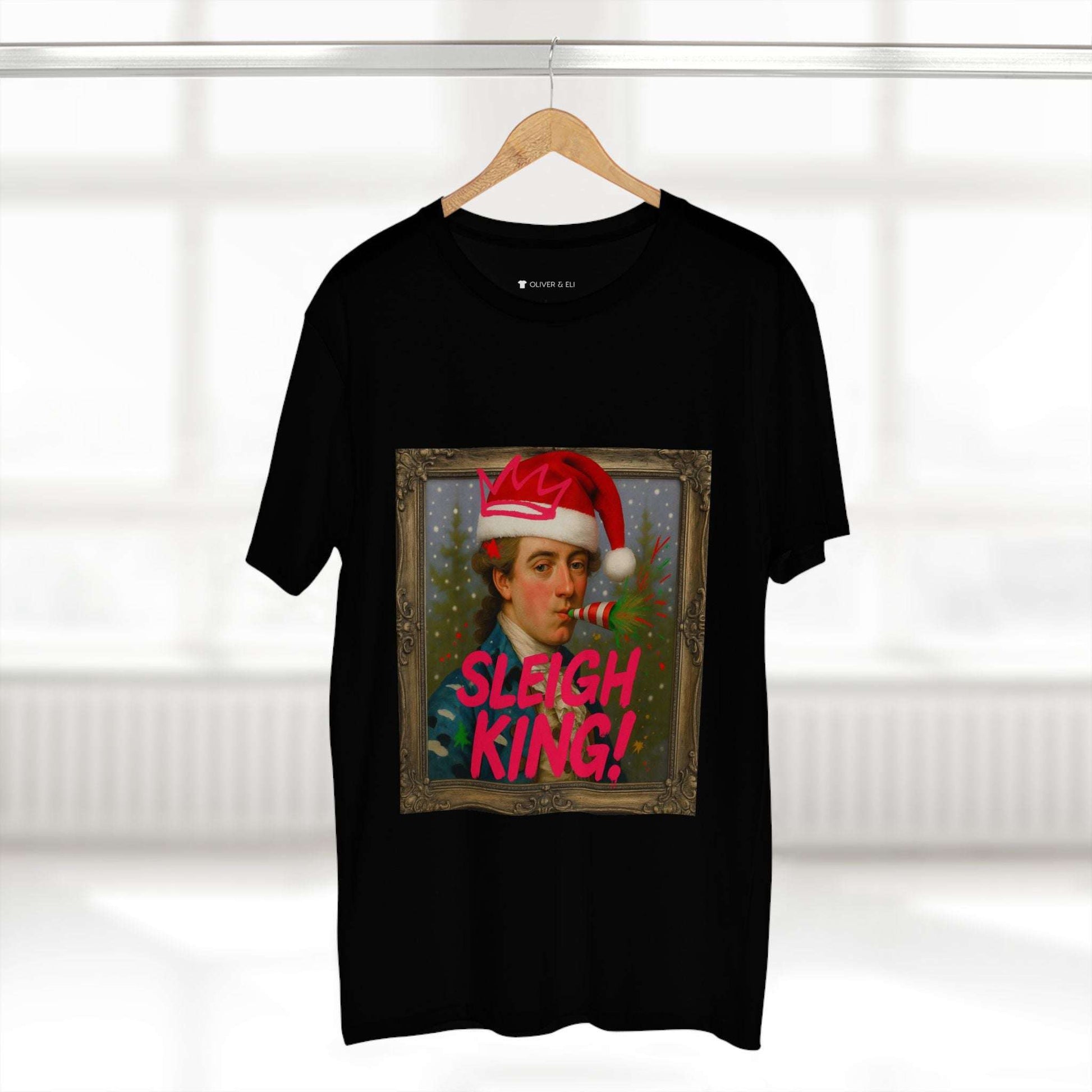 Sleigh King Christmas T-shirt with vintage male portrait in crown, Santa hat and graffiti party popper