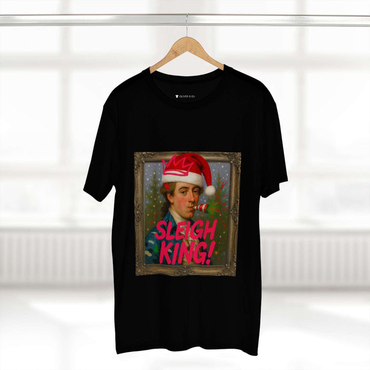 Sleigh King Christmas T-shirt with vintage male portrait in crown, Santa hat and graffiti party popper