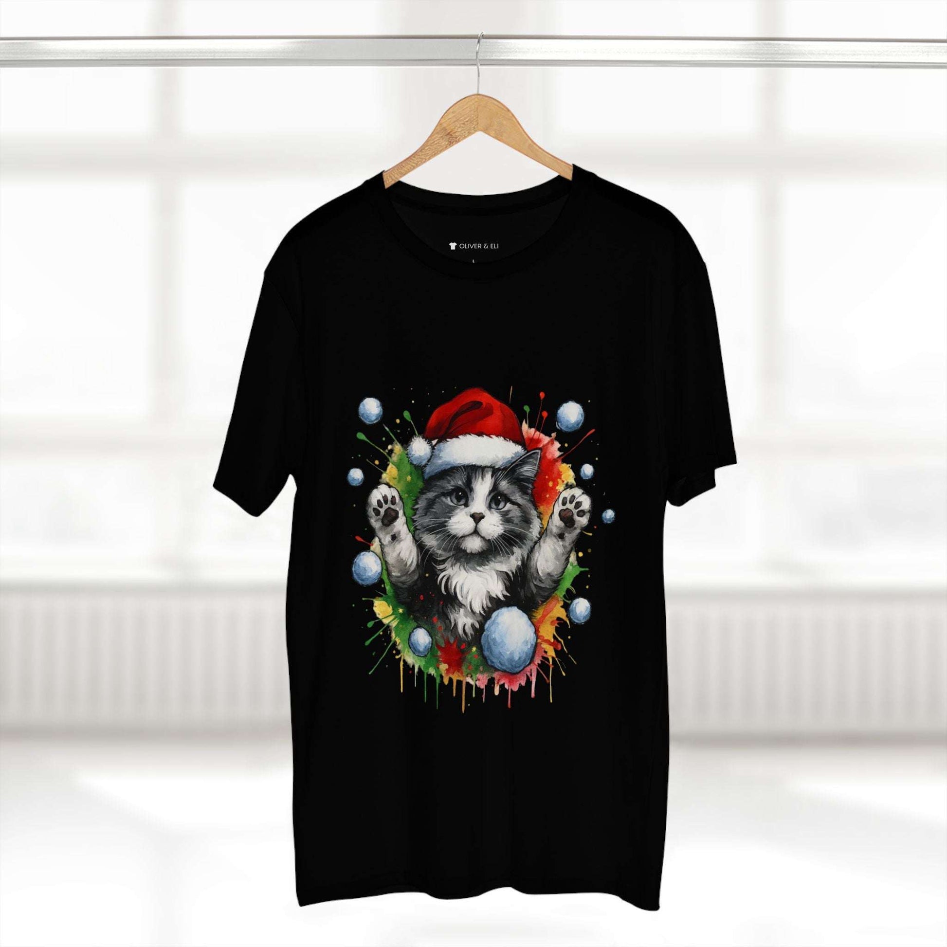 Hands Up Snowball Cat Christmas T-shirt with grey cat in Santa hat and graffiti snowball design by Oliver & Eli