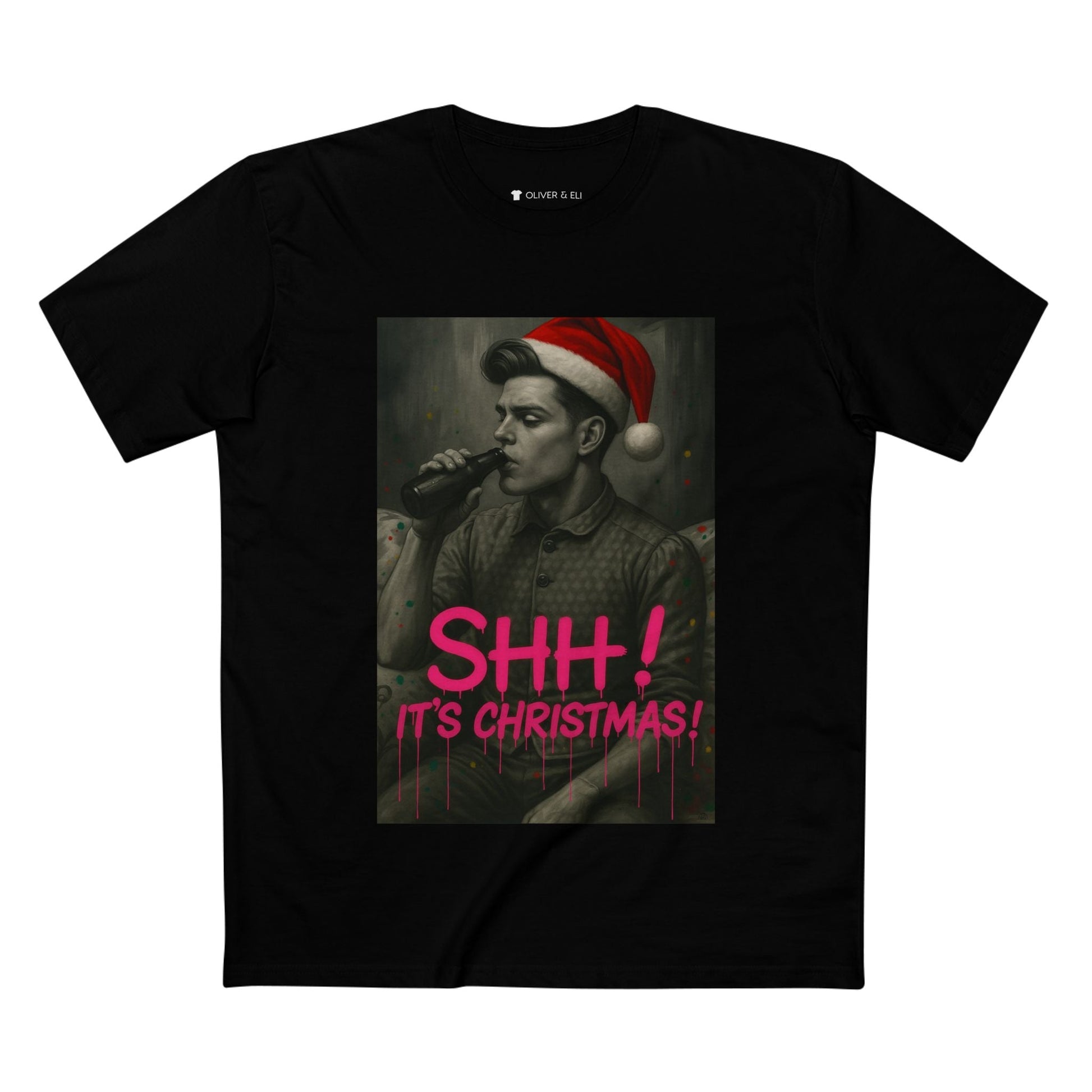 SHH! It’s Christmas Beers T-shirt with grayscale man in Santa hat drinking beer, graffiti design