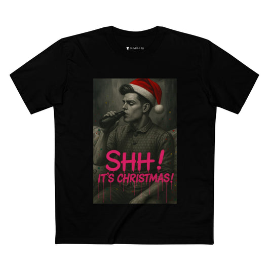 SHH! It’s Christmas Beers T-shirt with grayscale man in Santa hat drinking beer, graffiti design