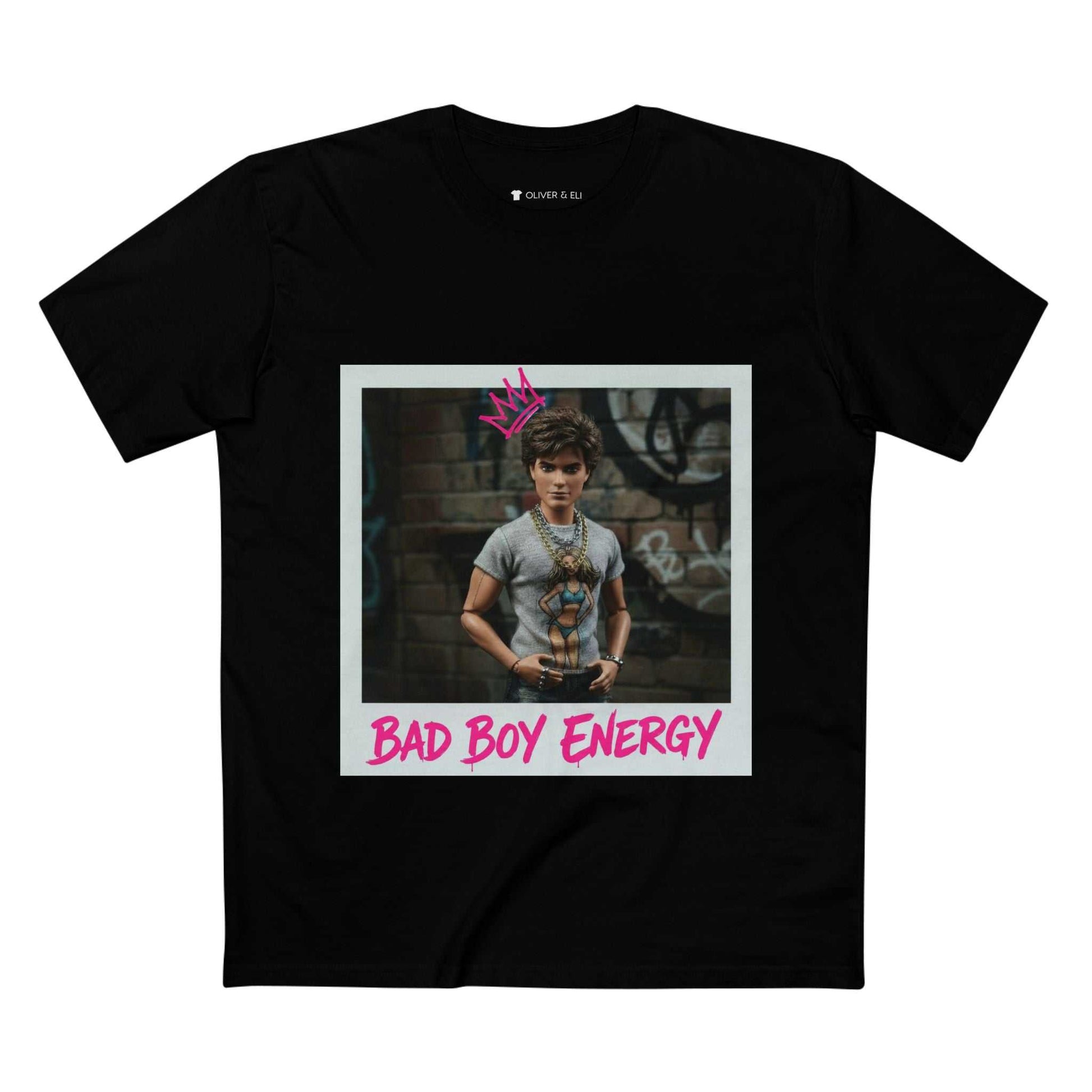 Bad Boy Energy Tee by Oliver & Eli – white cotton t-shirt with graffiti print and bold artistic design.