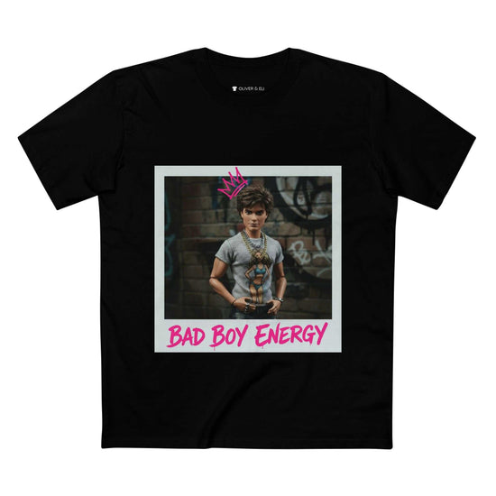 Bad Boy Energy Tee by Oliver & Eli – white cotton t-shirt with graffiti print and bold artistic design.