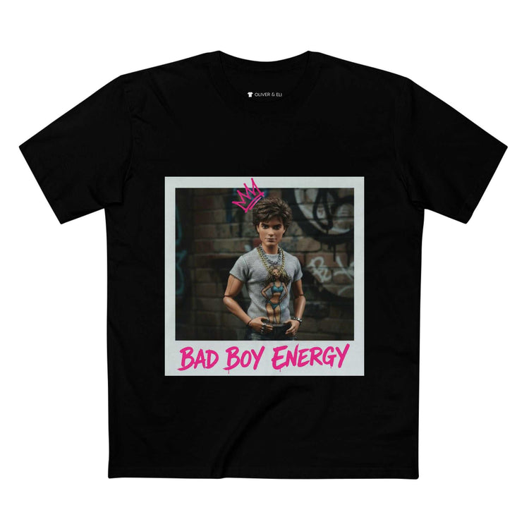 Bad Boy Energy Tee by Oliver & Eli – white cotton t-shirt with graffiti print and bold artistic design.
