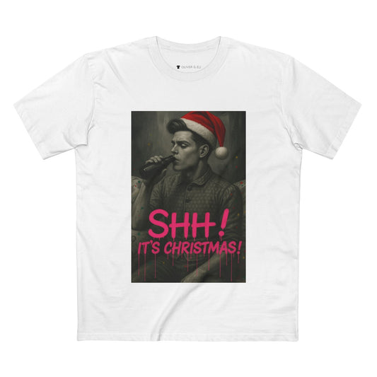 SHH! It’s Christmas Beers T-shirt with grayscale man in Santa hat drinking beer, graffiti design