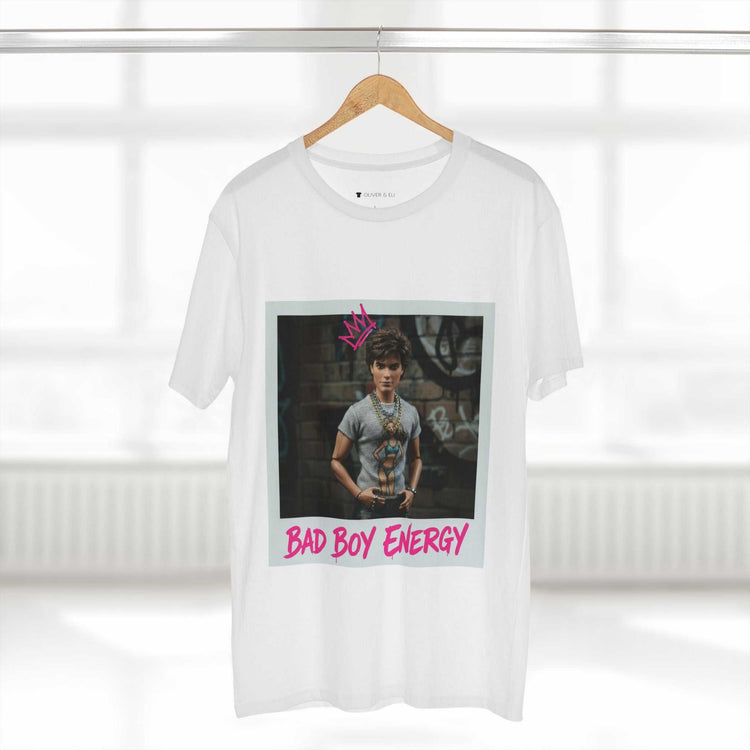 Bad Boy Energy Tee by Oliver & Eli – white cotton t-shirt with graffiti print and bold artistic design.