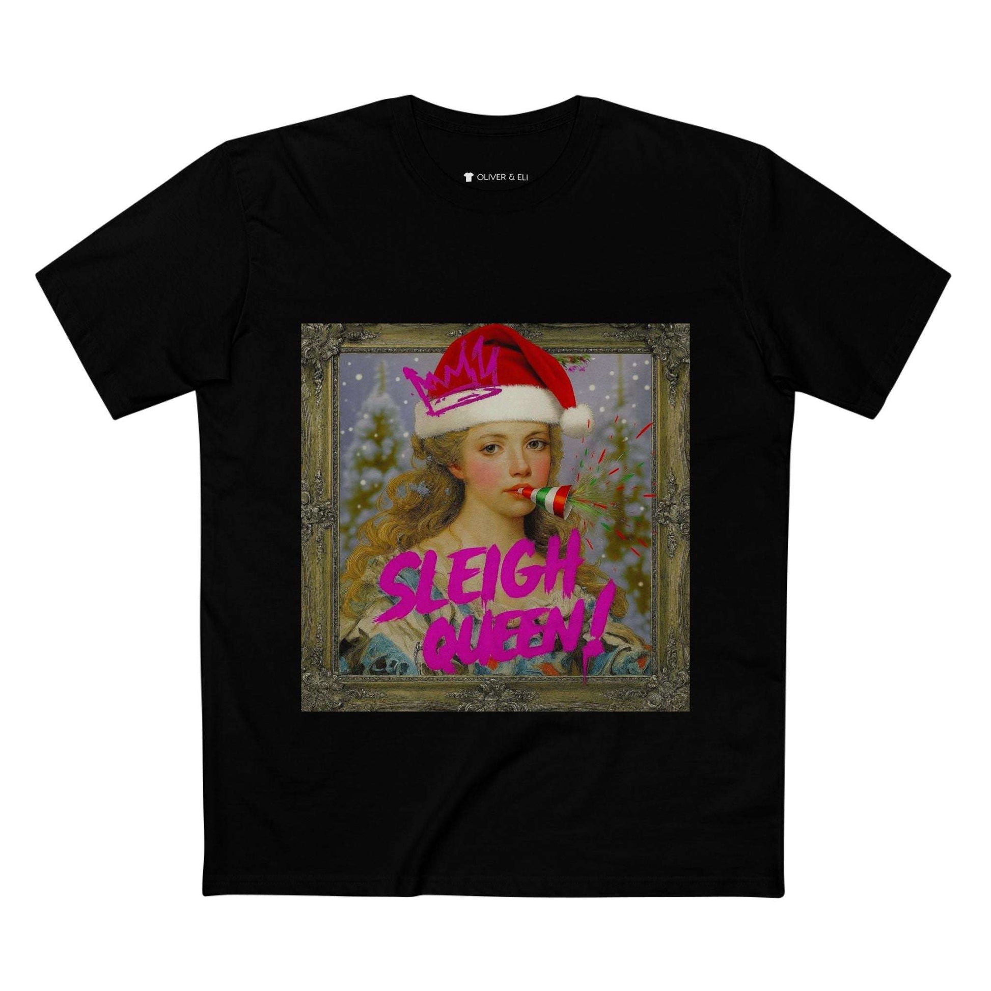 Sleigh Queen Christmas T-shirt with vintage female portrait in Santa hat, pink graffiti crown and party popper