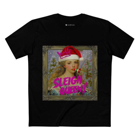 Sleigh Queen Christmas T-shirt with vintage female portrait in Santa hat, pink graffiti crown and party popper