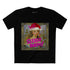 Sleigh Queen Christmas T-shirt with vintage female portrait in Santa hat, pink graffiti crown and party popper