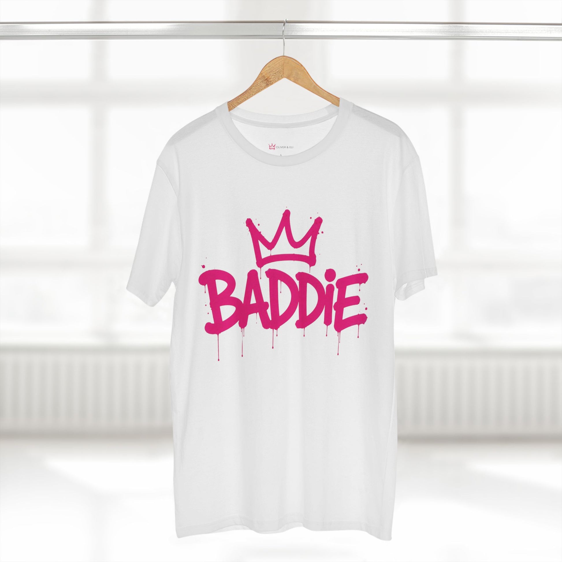 Baddie graphic t-shirt with bold pink graffiti typography by Oliver & Eli