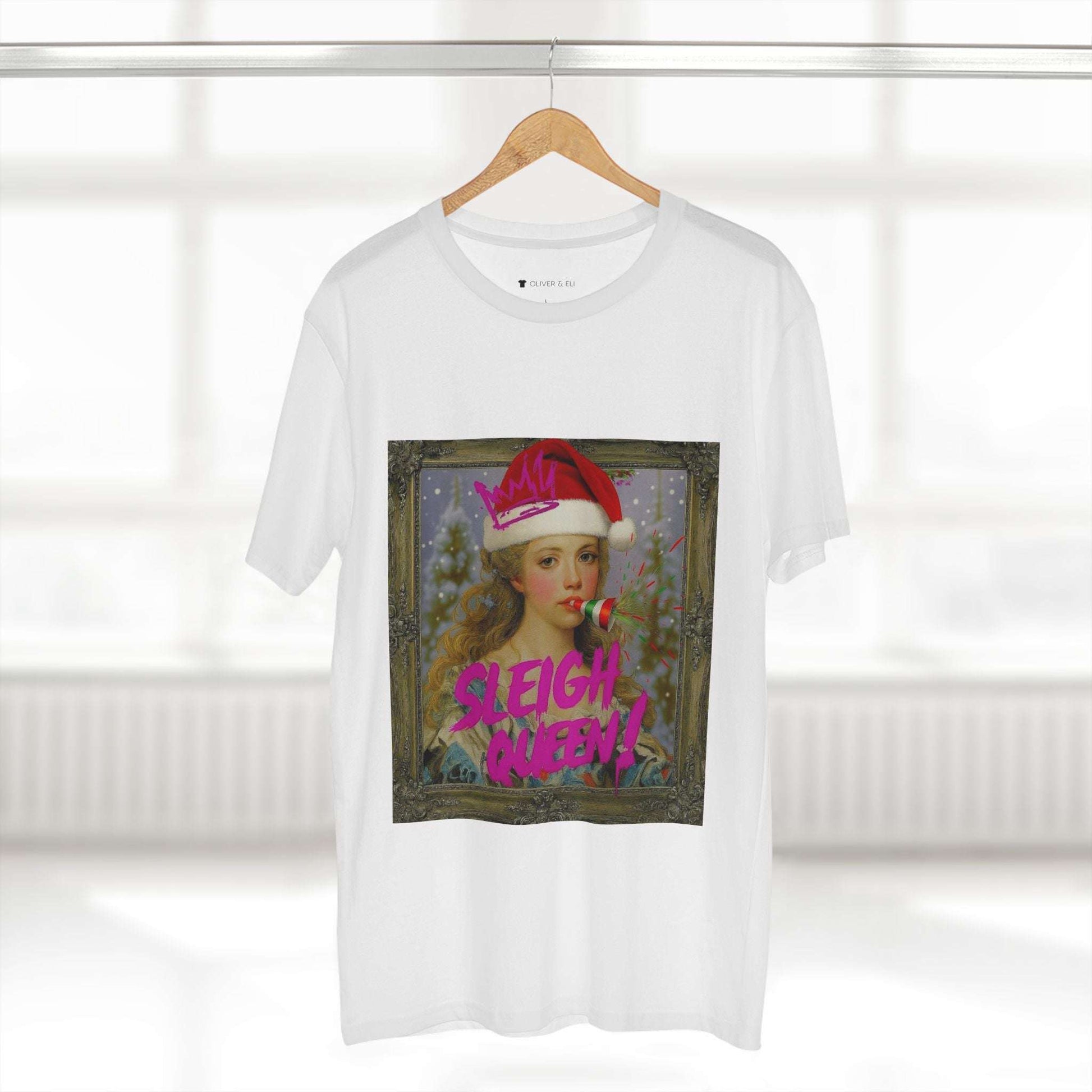 Sleigh Queen Christmas T-shirt with vintage female portrait in Santa hat, pink graffiti crown and party popper