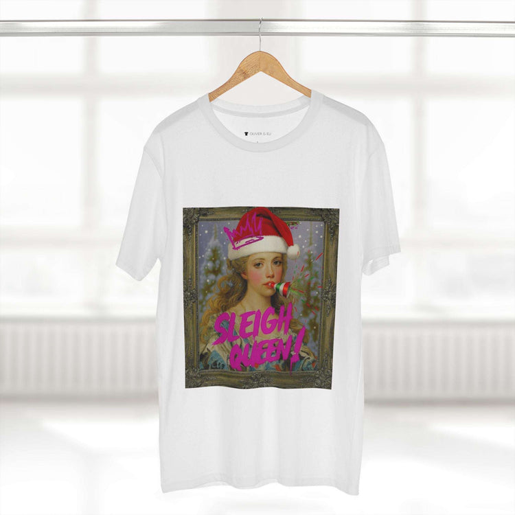Sleigh Queen Christmas T-shirt with vintage female portrait in Santa hat, pink graffiti crown and party popper
