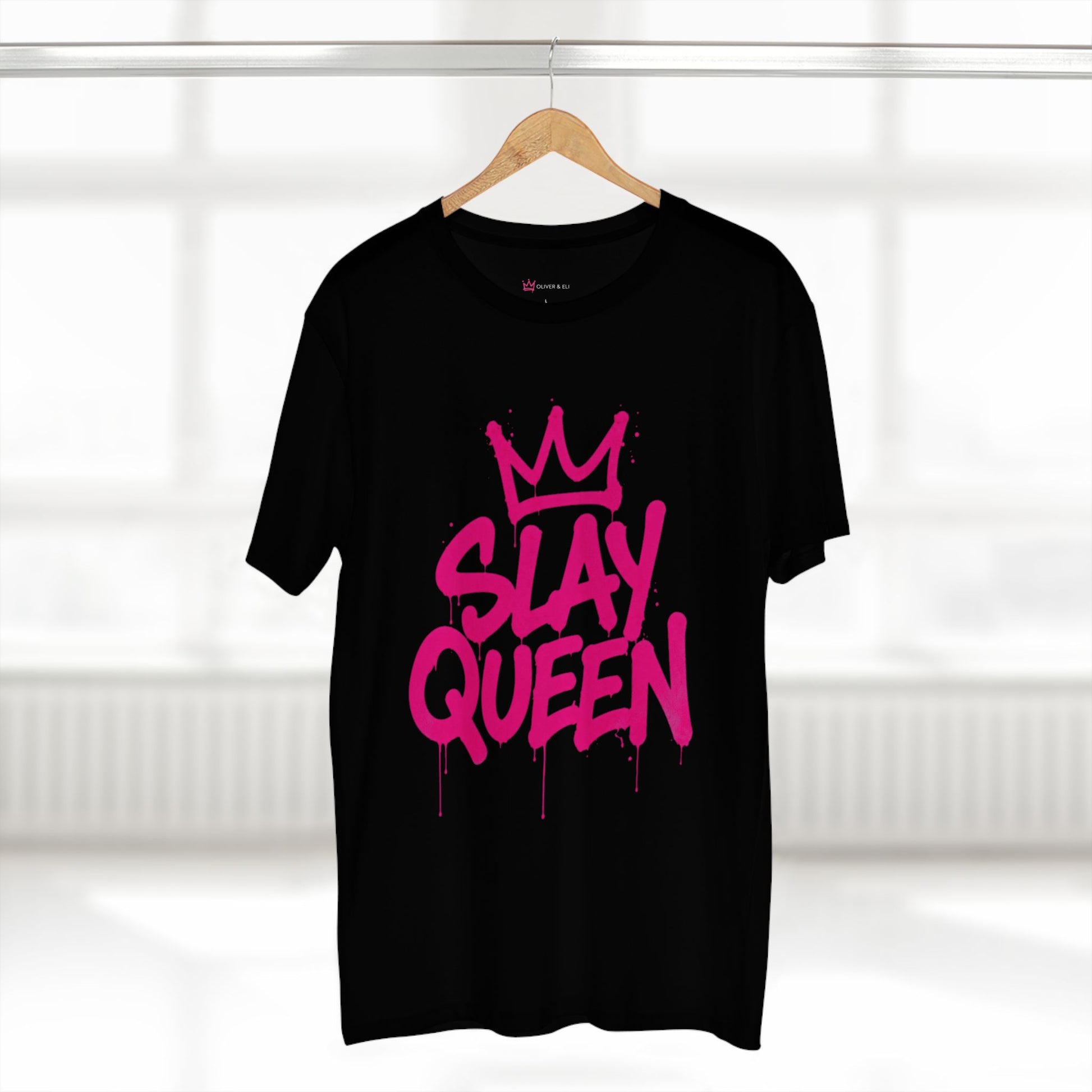 Slay Mode graphic t-shirt with pink graffiti lettering and crown icon