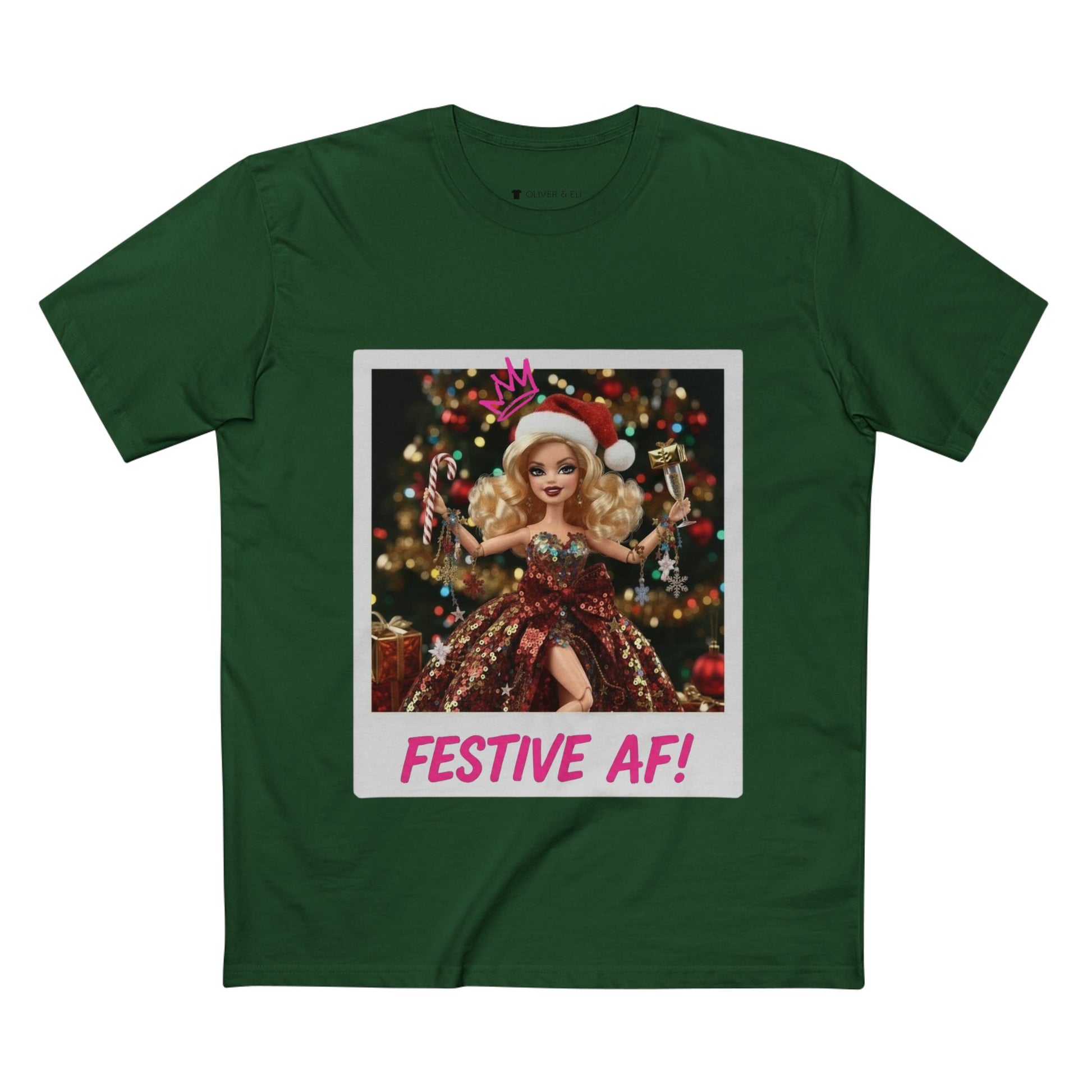 Oliver & Eli’s Sleigh Season collection — premium cotton Christmas t-shirt with graffiti print and festive design.