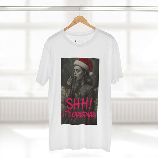 SHH! It’s Christmas T-shirt with grayscale vintage figure in Santa hat and pink graffiti text