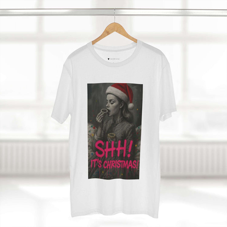 SHH! It’s Christmas T-shirt with grayscale vintage figure in Santa hat and pink graffiti text