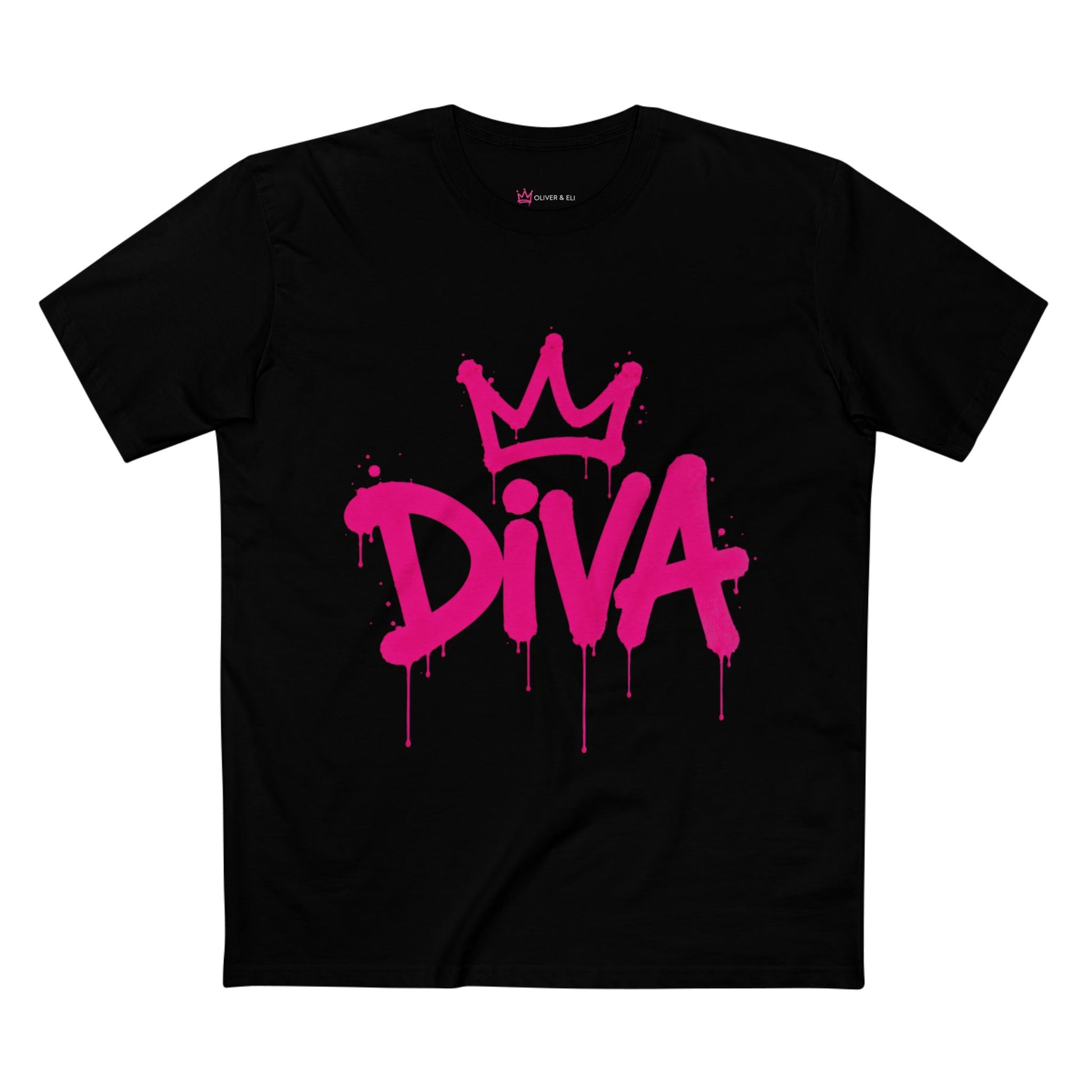 Diva graphic t-shirt with pink graffiti lettering and crown icon