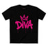 Diva graphic t-shirt with pink graffiti lettering and crown icon
