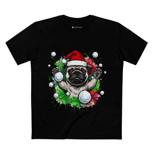 Hands Up Snowball Pug Christmas T-shirt featuring pug in Santa hat throwing snowball graffiti art design