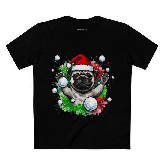 Hands Up Snowball Pug Christmas T-shirt featuring pug in Santa hat throwing snowball graffiti art design