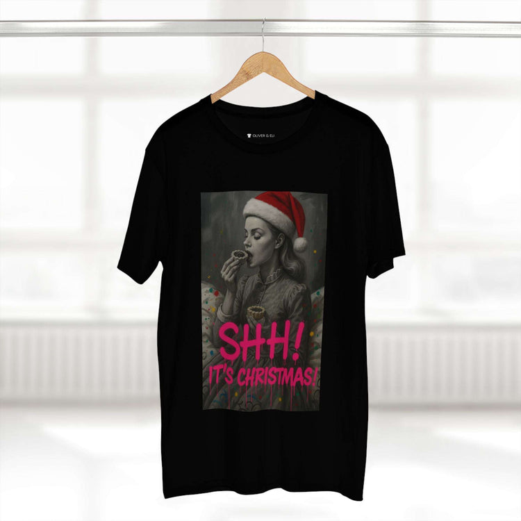 SHH! It’s Christmas T-shirt with grayscale vintage figure in Santa hat and pink graffiti text