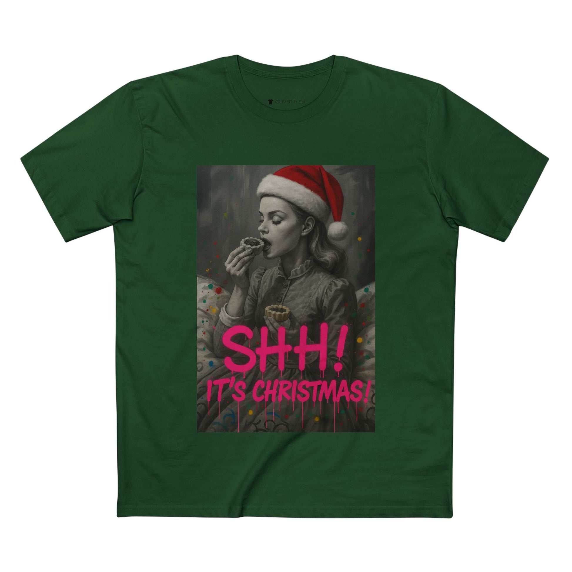 Model wearing tee from Oliver & Eli’s Sleigh Season collection — premium cotton Christmas t-shirt with graffiti print and festive design.