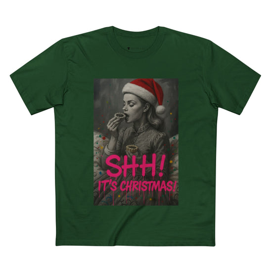 Model wearing tee from Oliver & Eli’s Sleigh Season collection — premium cotton Christmas t-shirt with graffiti print and festive design.