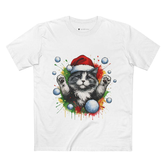 Hands Up Snowball Cat Christmas T-shirt with grey cat in Santa hat and graffiti snowball design by Oliver & Eli