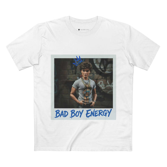 Bad Boy Energy Tee by Oliver & Eli – white cotton t-shirt with graffiti print and bold artistic design.