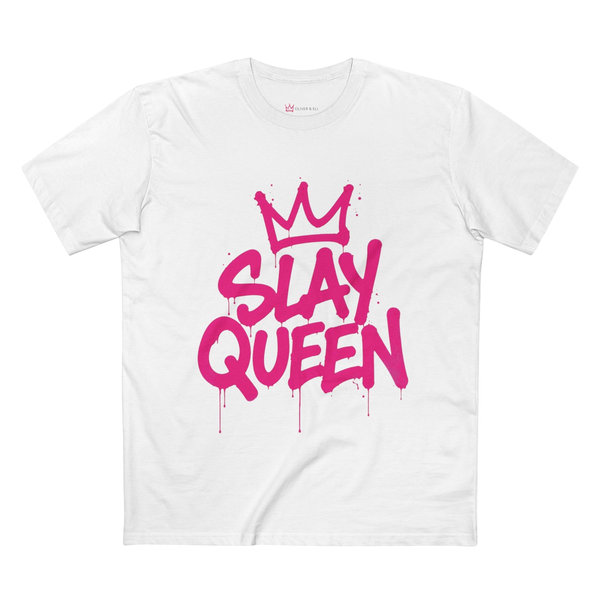 Slay Mode graphic t-shirt with pink graffiti lettering and crown icon