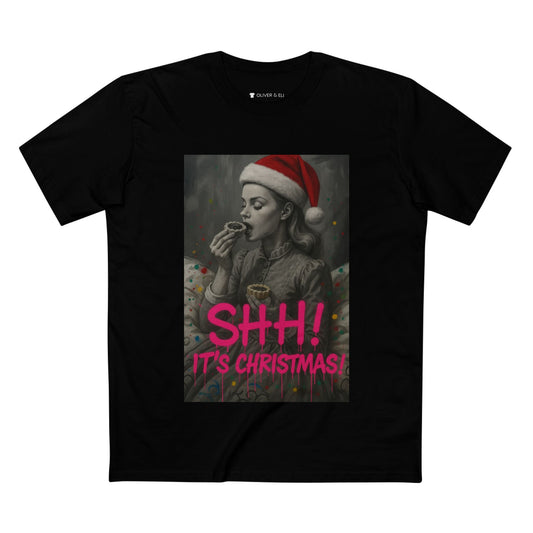 SHH! It’s Christmas T-shirt with grayscale vintage figure in Santa hat and pink graffiti text