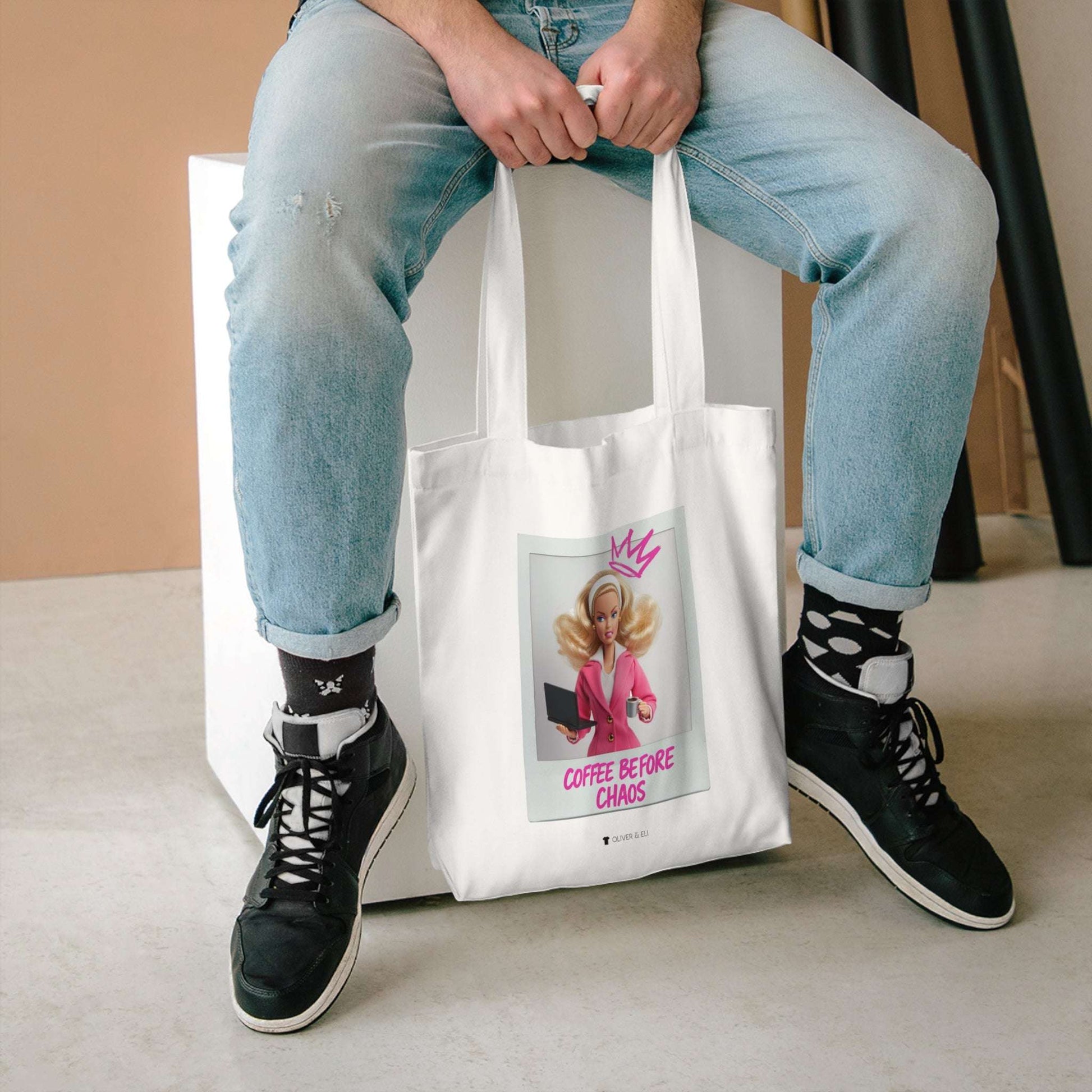 Coffee Before Chaos Tote – Pop Art Bold Statement Doll Tote Bag by Oliver & Eli