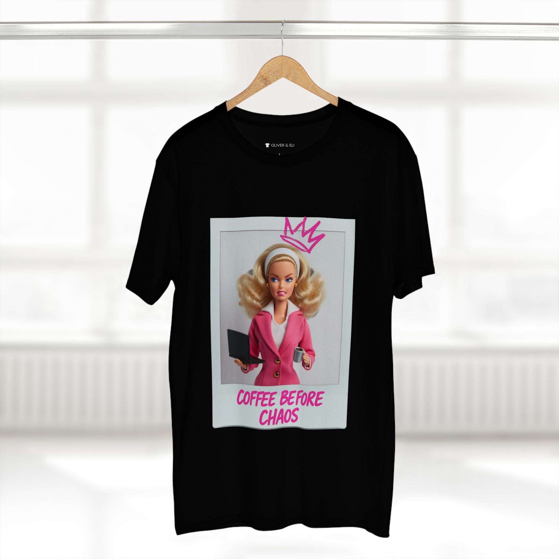 Coffee Before Chaos Tee – Pop Art Bold Attitude Doll T-shirt by Oliver & Eli