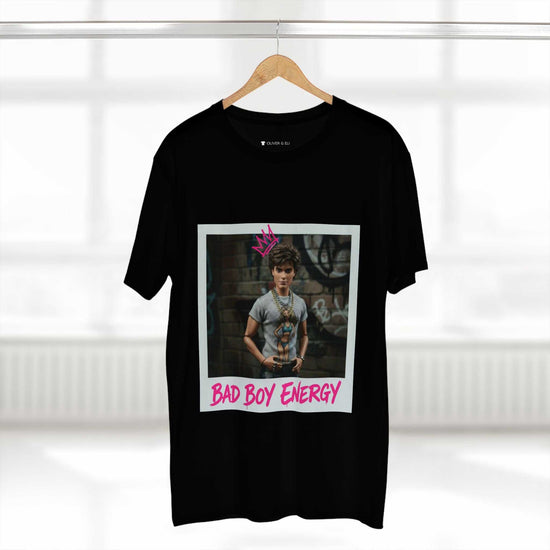 Bad Boy Energy Tee by Oliver & Eli – white cotton t-shirt with graffiti print and bold artistic design.
