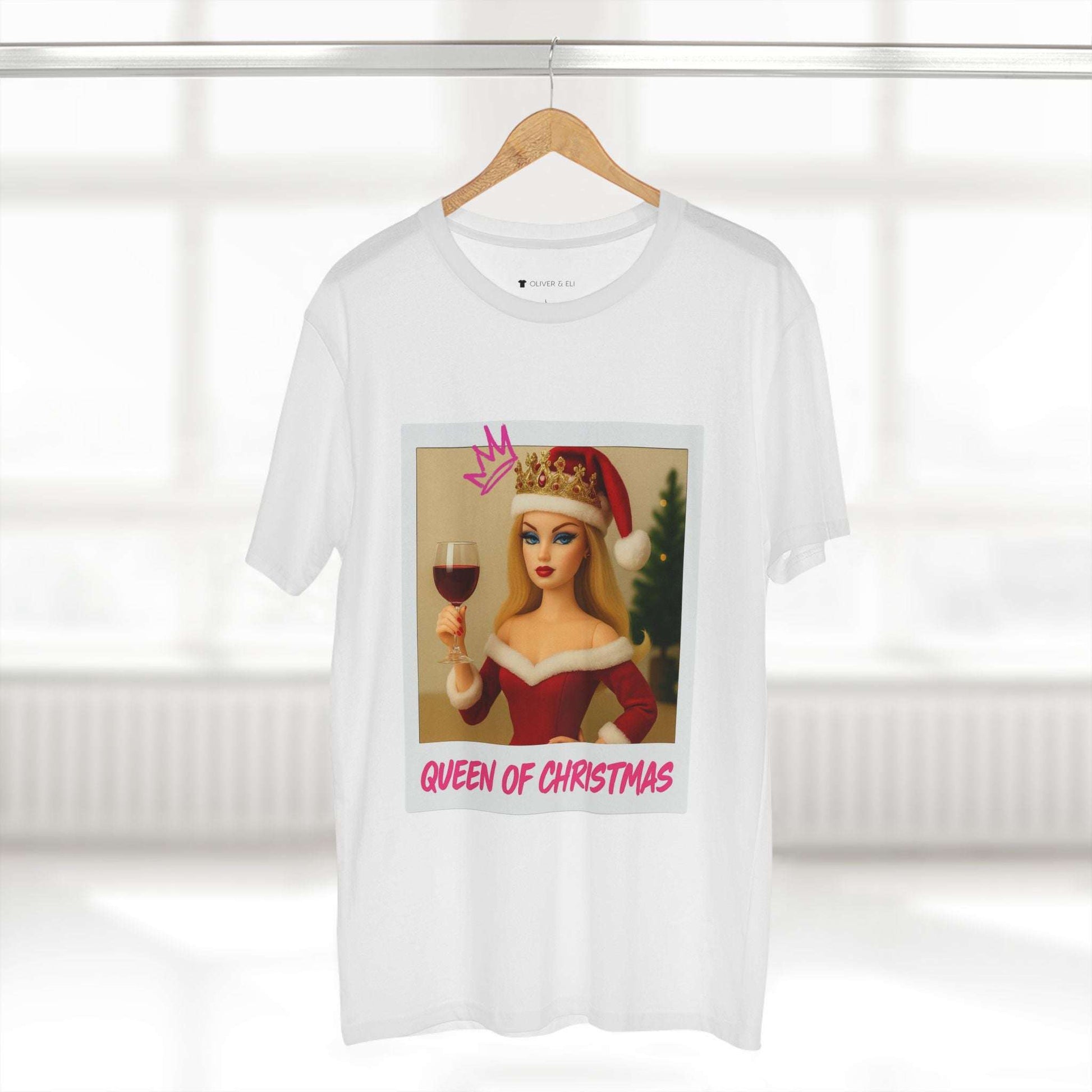 Queen of Christmas T-shirt with vintage doll in crown, holding wine glass, Santa hat and graffiti details