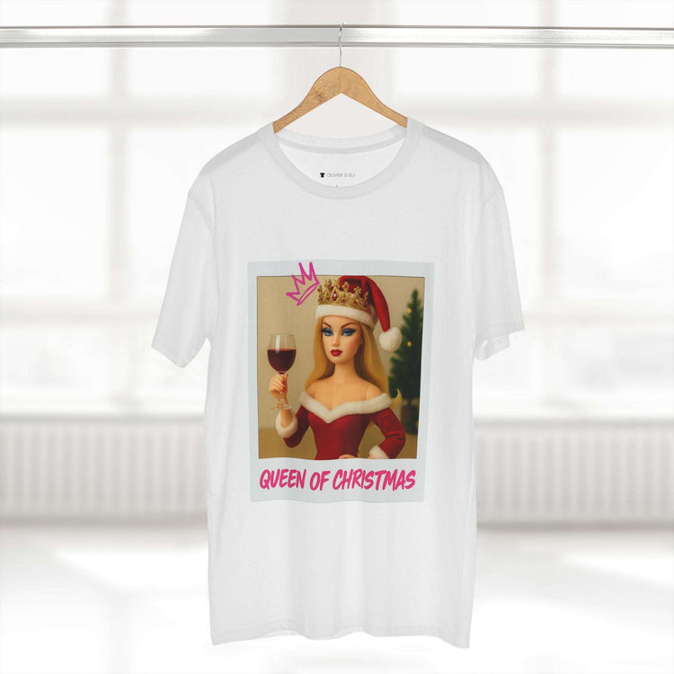 Queen of Christmas T-shirt with vintage doll in crown, holding wine glass, Santa hat and graffiti details