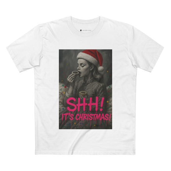 Model wearing tee from Oliver & Eli’s Sleigh Season collection — premium cotton Christmas t-shirt with graffiti print and festive design.