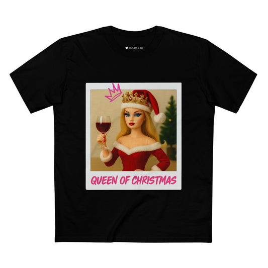 Queen of Christmas T-shirt with vintage doll in crown, holding wine glass, Santa hat and graffiti details