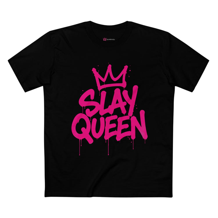 Slay Mode graphic t-shirt with pink graffiti lettering and crown icon