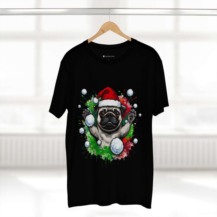 Hands Up Snowball Pug Christmas T-shirt featuring pug in Santa hat throwing snowball graffiti art design