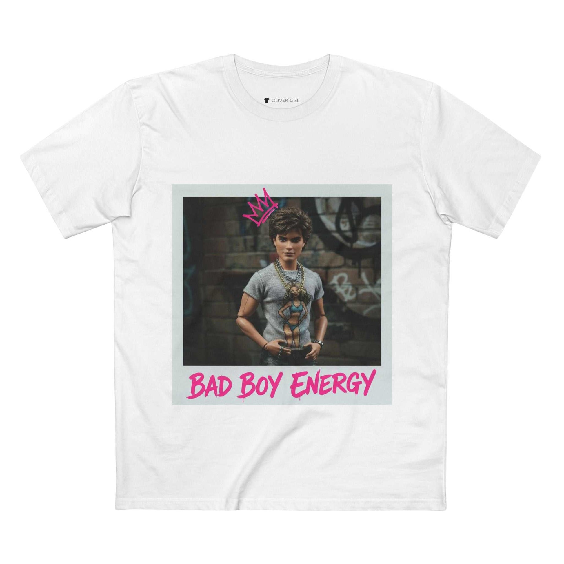 Bad Boy Energy Tee by Oliver & Eli – white cotton t-shirt with graffiti print and bold artistic design.