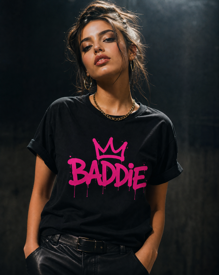 Baddie graphic t-shirt with bold pink graffiti typography by Oliver & Eli