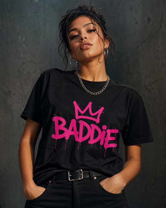 Baddie graphic t-shirt with bold pink graffiti typography by Oliver & Eli