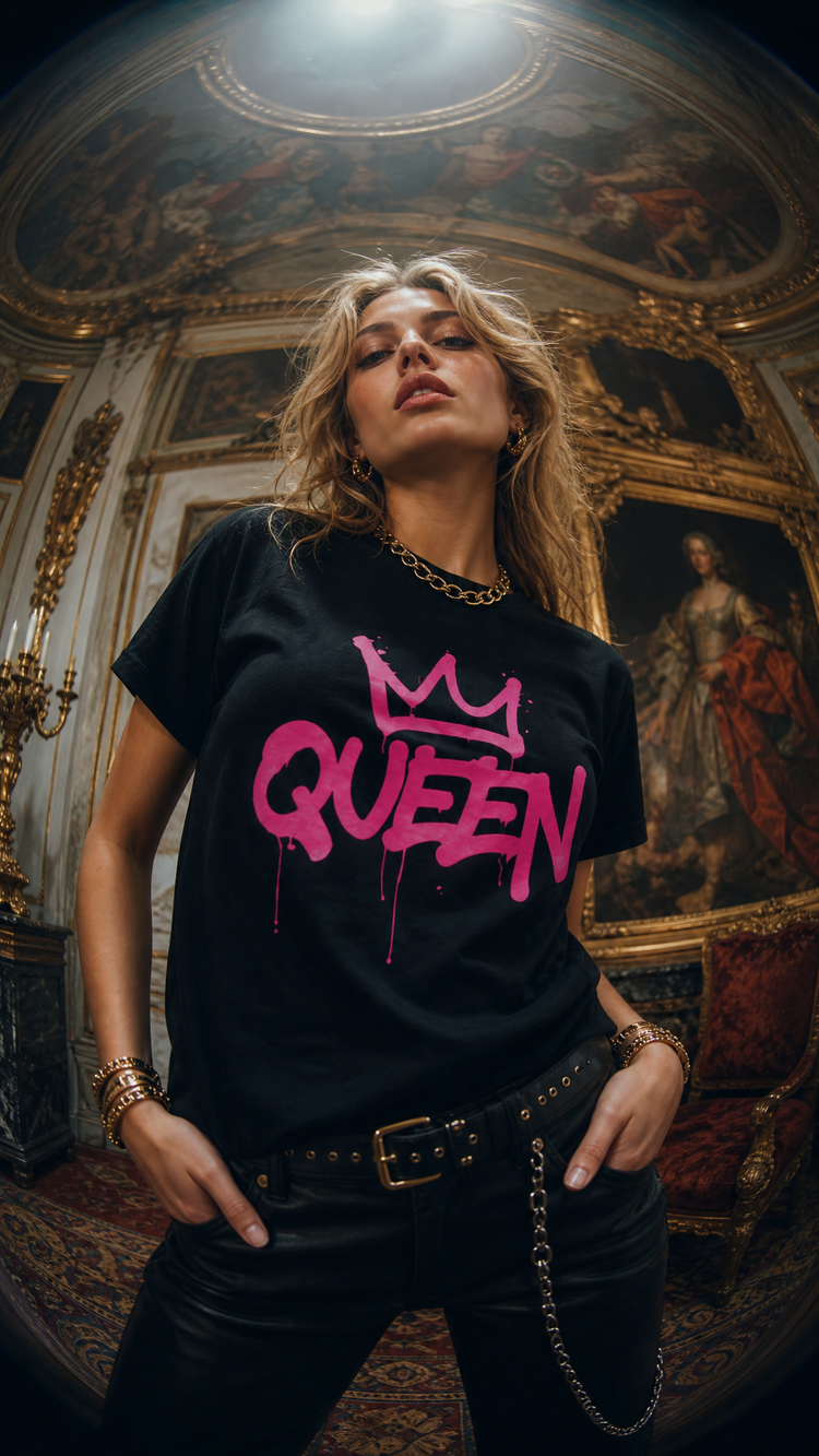 Queen Crown graphic t-shirt with pink graffiti typography and crown artwork