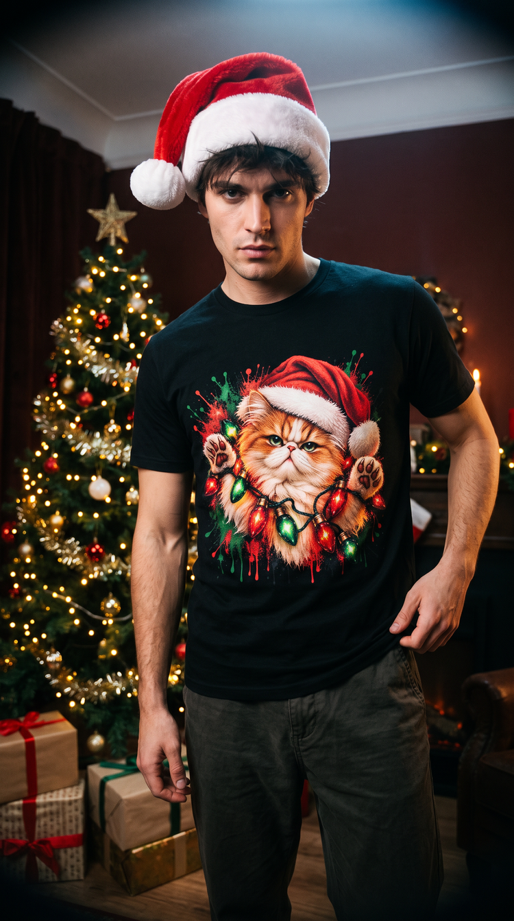 Christmas Cat Graphic Tee |  Festive Cat Lovers Art T-Shirt