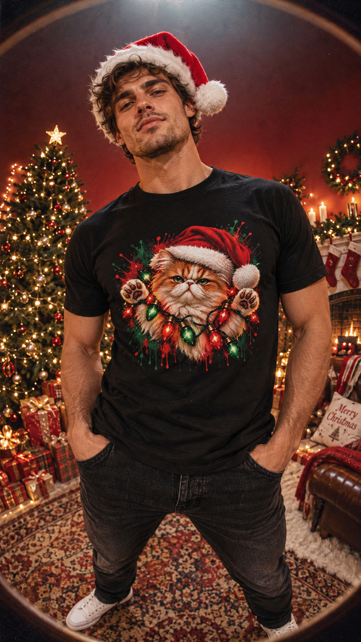 Christmas Cat Graphic Tee |  Festive Cat Lovers Art T-Shirt