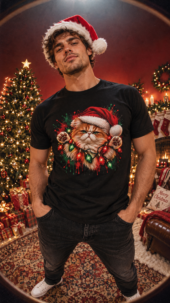 Christmas Cat Graphic Tee |  Festive Cat Lovers Art T-Shirt